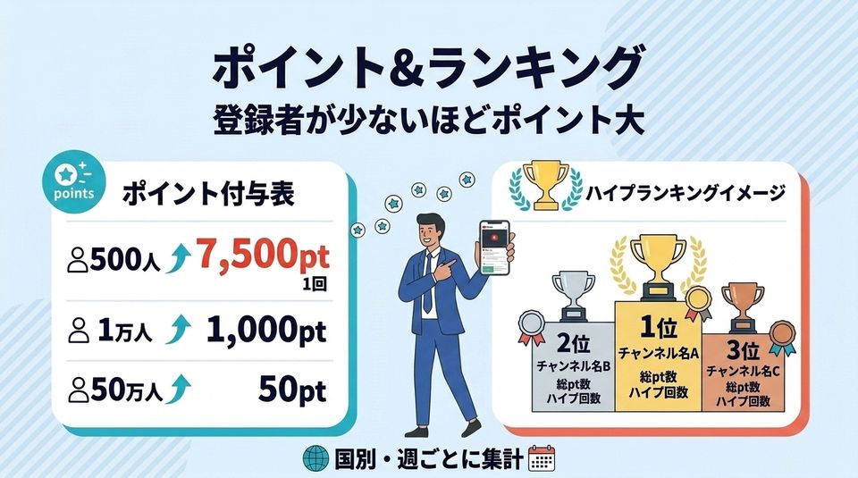 ハイプのポイント付与表とランキング。登録者500人で7,500pt・1万人で1,000pt・50万人で50pt。国別週ごとに集計
