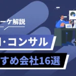 Japanese banner about SNS marketing: shows text 'SNSマーケ解説' and '運用・コンサル' with a desk scene of two professionals and charts; 'おすすめ会社16選' on a black diagonal stripe.