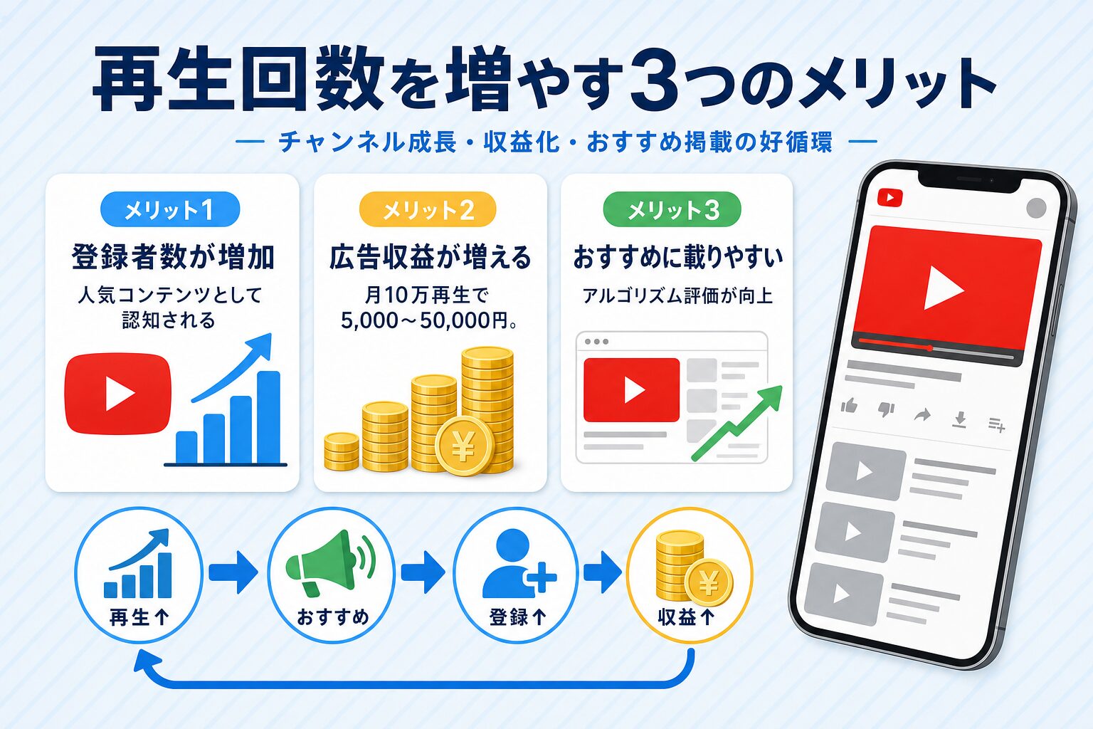 再生回数を増やす3つのメリット：登録者数増加・広告収益増加・おすすめ掲載の好循環を示す3カード図解