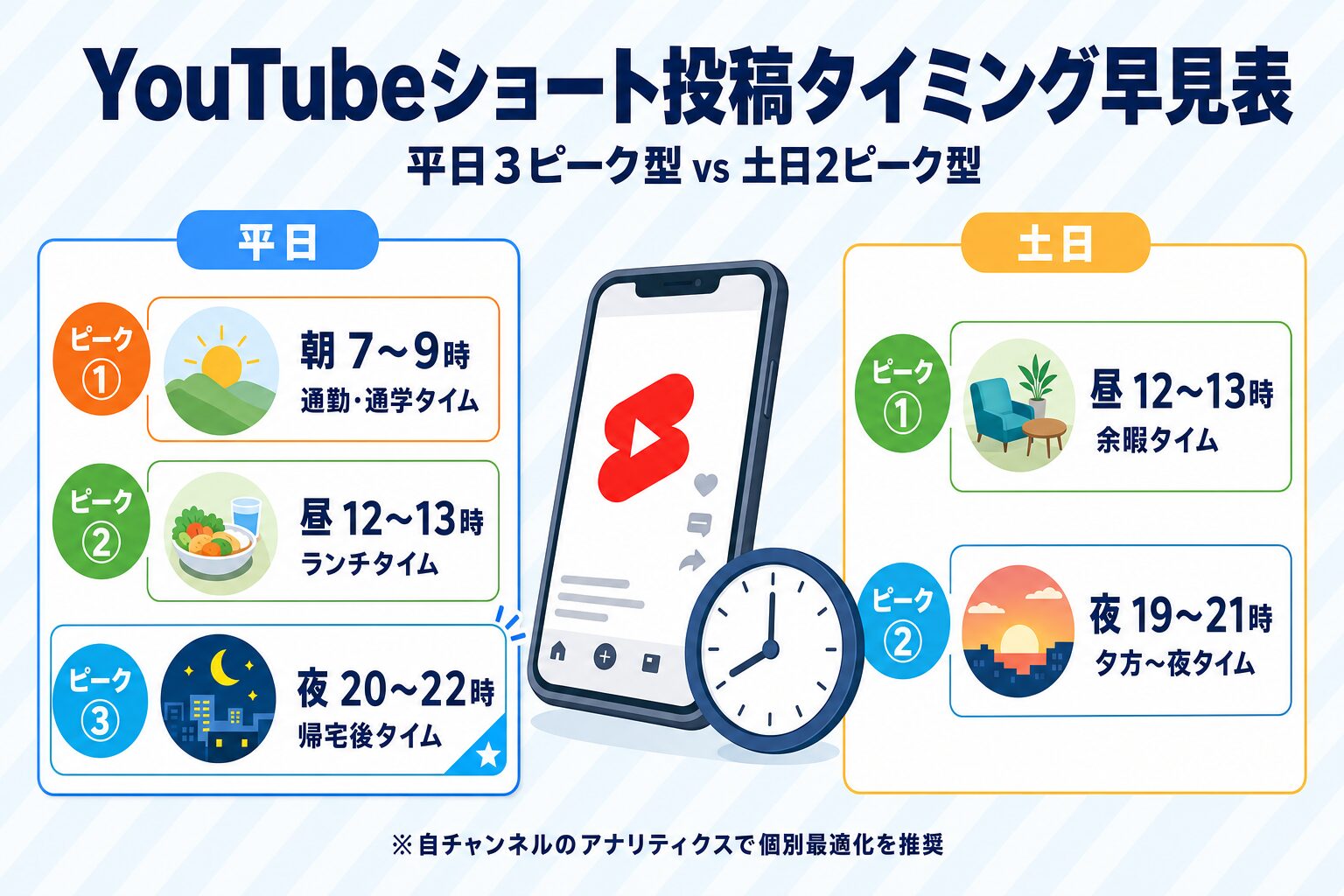 YouTubeショート投稿タイミング早見表:平日3ピーク型(朝7〜9時・昼12〜13時・夜20〜22時)と土日2ピーク型(昼12〜13時・夜19〜21時)の比較図 YouTubeショート投稿タイミング早見表:平日3ピーク型(朝7〜9時・昼12〜13時・夜20〜22時)と土日2ピーク型(昼12〜13時・夜19〜21時)の比較図