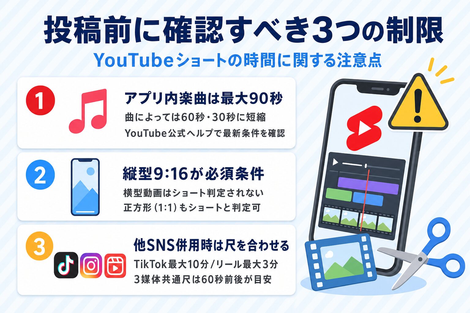YouTubeショート投稿前に確認すべき3つの制限:アプリ内楽曲は最大90秒・縦型9:16が必須条件・他SNS併用時の尺の考え方の注意点カード図 YouTubeショート投稿前に確認すべき3つの制限:アプリ内楽曲は最大90秒・縦型9:16が必須条件・他SNS併用時の尺の考え方の注意点カード図
