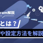 インスタグラム解説の横長デザイン。青い背景に階段を上る人物と歯車、『Instagram解説 KPIとは？ 指標や設定方法を解説』の日本語文字が入った情報系バナー。